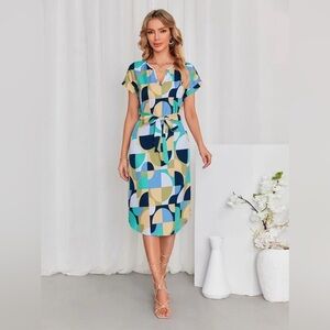 Emery Rose Geo Print Colorblock Notched Neck Dolman Sleeve Belted Dress Size XL